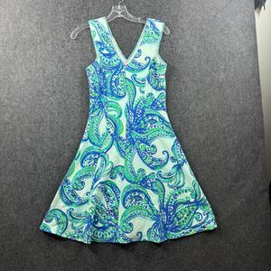 Lilly Pulitzer Dahlia Dress Women's Extra Small Green Blue Floral A-Line Skater